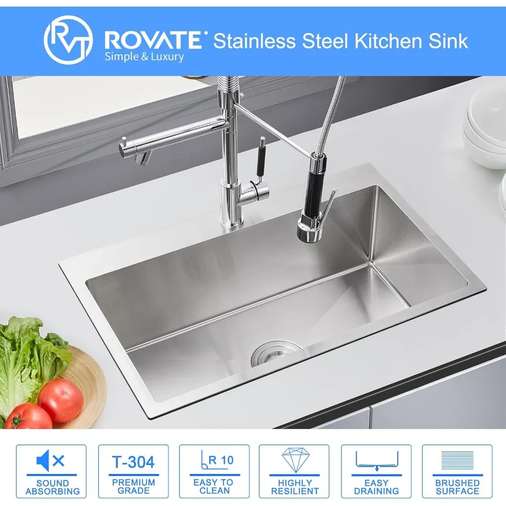 حوض مطبخ ستانلس ستيل 26 × 18 بوصة وعاء واحد 9 جبل عميق تصميم قطرة مصنوع يدويًا مع فتحة واحدة للصنبور