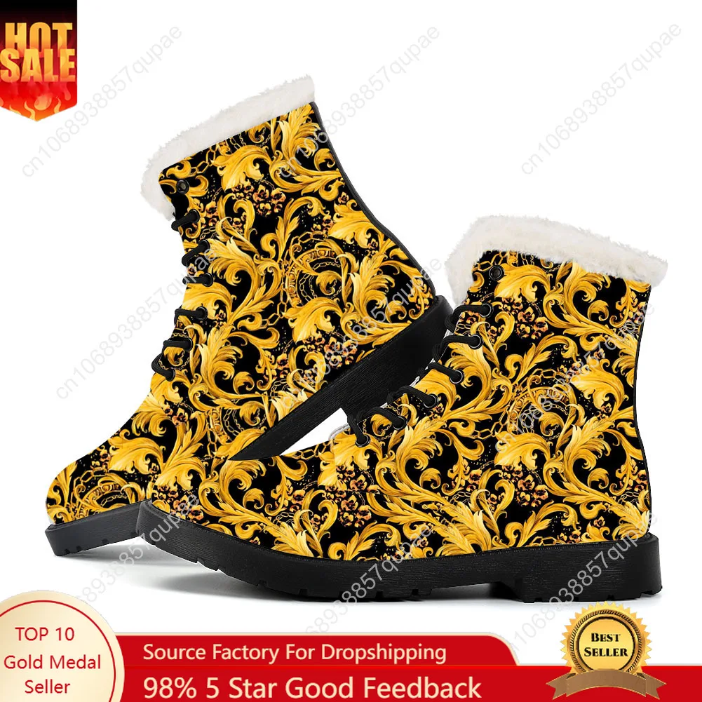 

Baroque Gold European floral pattern Plush Boots Mens Womens Teenager Shoes Outdoor Casual Boot Light Couple Customize Boots