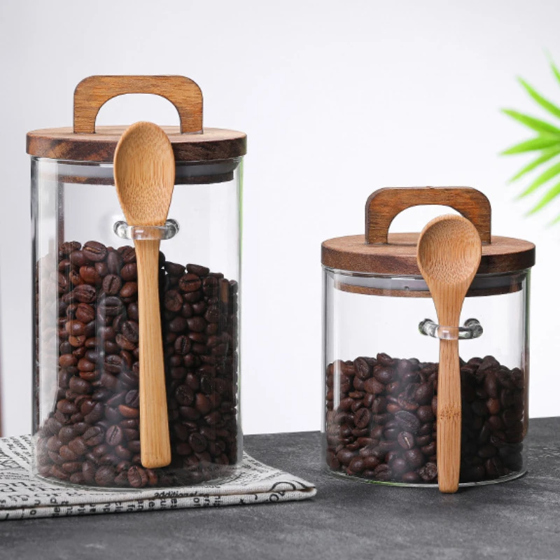 700-1000ml Round Glass Sealed Container with Handle Wooden Lid Spoon Seating Coffee Storage Jar Bottles