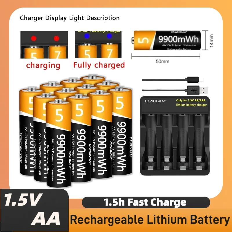 

High Capacity 1.5V AA Rechargeable Lithium-ion Battery 9900mWh for Remote Control, Computer Mouse, Small Fan, Electric Toys