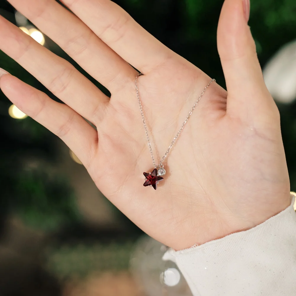 Real S925 Sterling Silver Star Necklace Women Brilliant Pentagonal Red Star Pendant Necklace Female Luxury Jewelry 5A Zircon