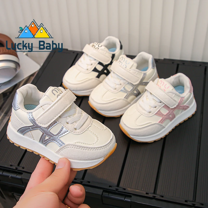 

Spring Autumn Striped Children Sneakers 2025 PU White Kids Sport Shoes Hook Loop Soft Bottom Toddler Boys Girls Casual Shoes