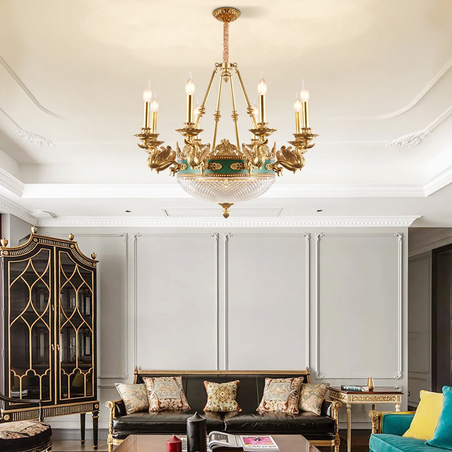 French Retro Living Room Dining Room Bedroom Indoor Dewaxed Copper Pendant Light European Banquet Hall Apartment Pendant Lamp