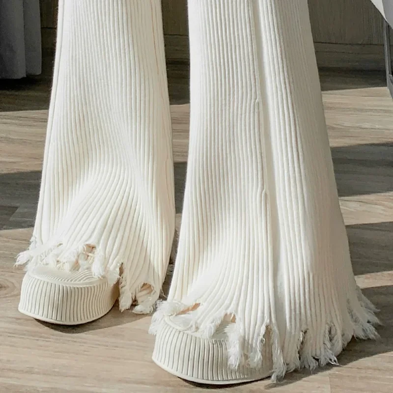 Утягивающие повседневные белые трикотажные брюки с высокой талией и бахромой, женские брюки-клеш, свободные весенне-осенние повседневные брюки