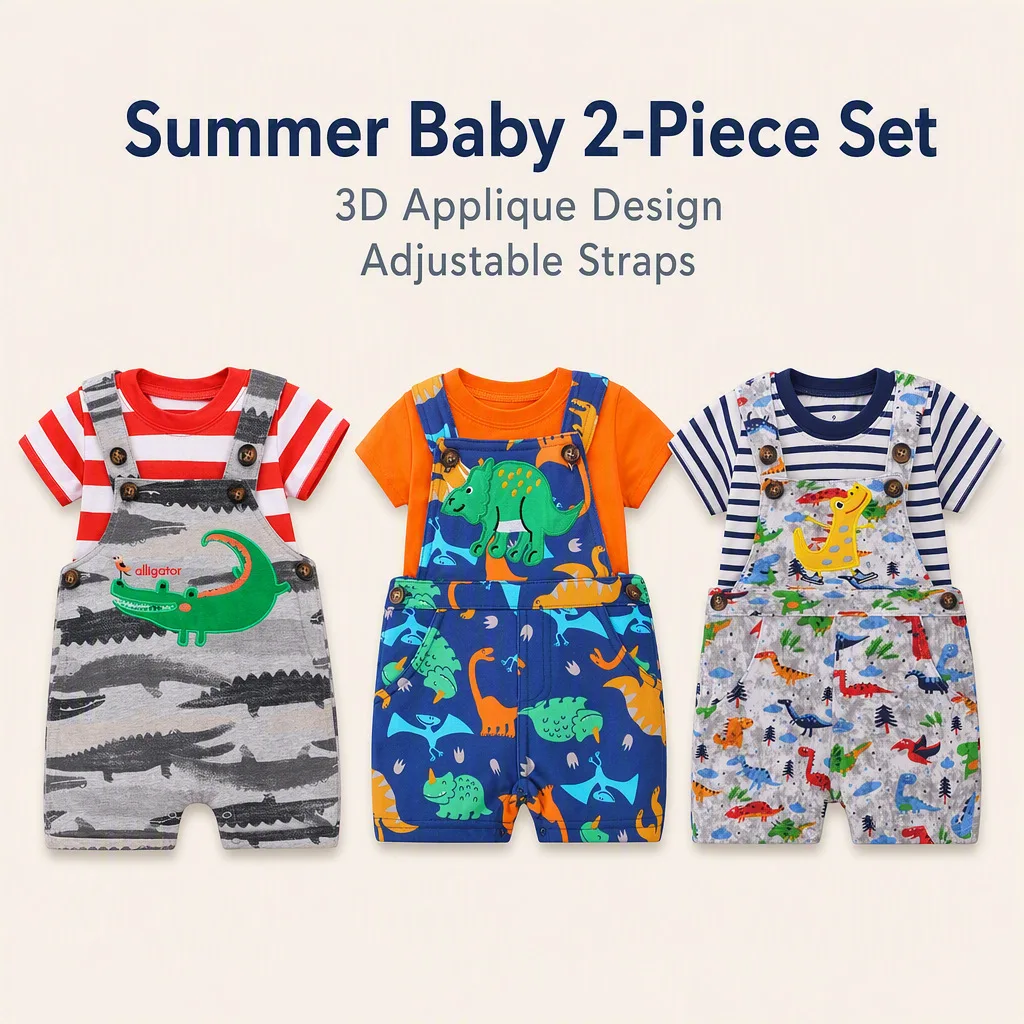 Toddler Baby Boy 2Pcs Sets Cartoon Embroidery All‑Over Print Short Overalls+Striped Solid Tee Cotton Summer Casual Outfit 9M‑3Y