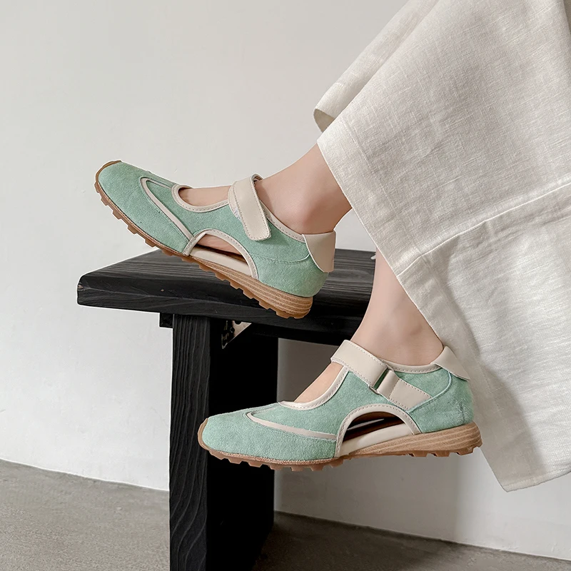 Women Holl owSneakers New Trend Natural Suede Genuine Leather Patchwork Rubber Outsole Flats Round Toe Spring SummerCasual Shoes