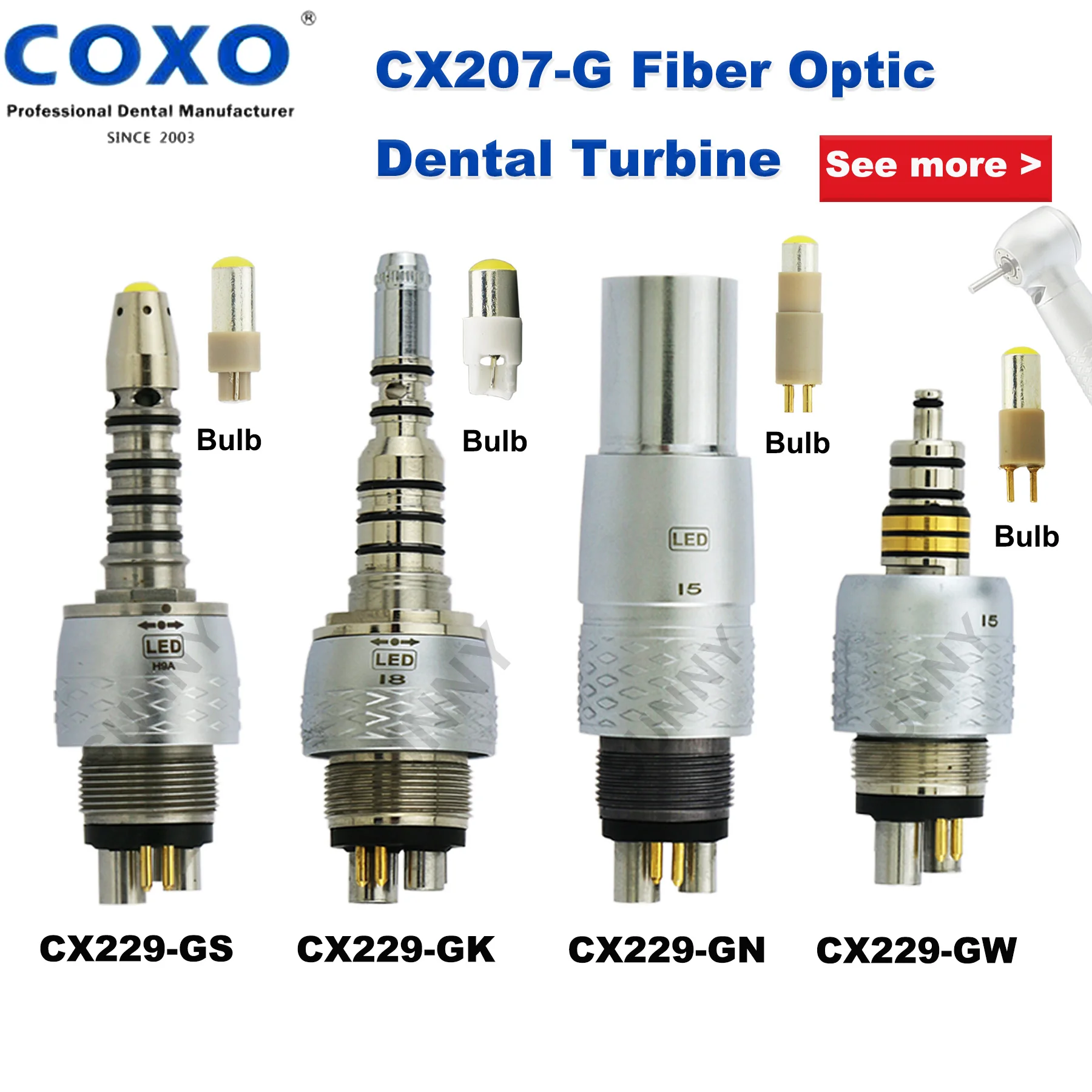 

CX207 COXO Dental Fiber Optic High Speed Standard/Torque Head 6 Pin Led Coupler Fit KAVO NSK Sirona W&H Turbine Dentist Tools