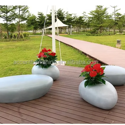 

12.5 Hot sell Pebble Shape Bench and Planter Combination Outdoor Modern FRP Seating with Integrated Flower Pot for Garden Park P