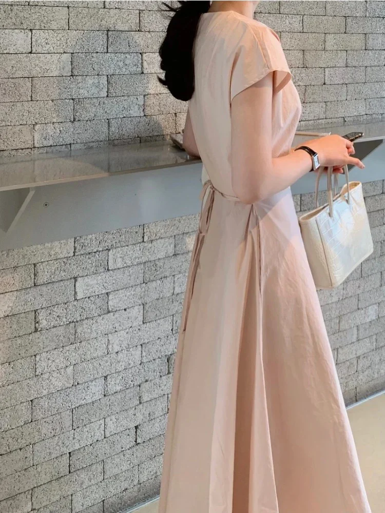 Slimming Long A Word Solid Short Sleeve Dress Women South Korea Chic Summer Age-Reducing Elegant Round Neck Strap Waist Hugging