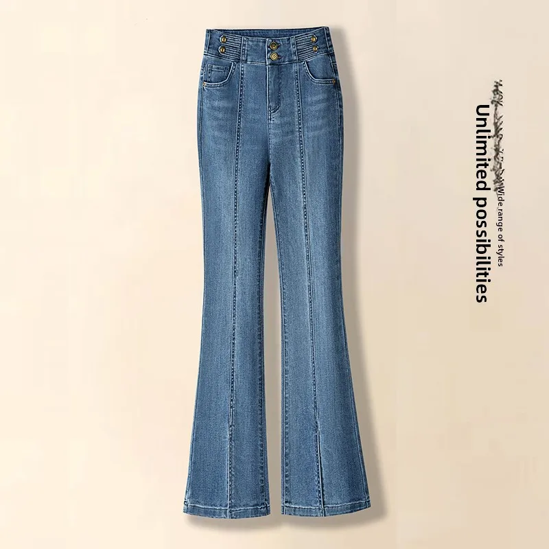 

High Waist Fleece Lined Flare Jeans Women's Slim Fit Straight Leg Slit Pants Korean Style Cotton Stretch Denim Commute Wear