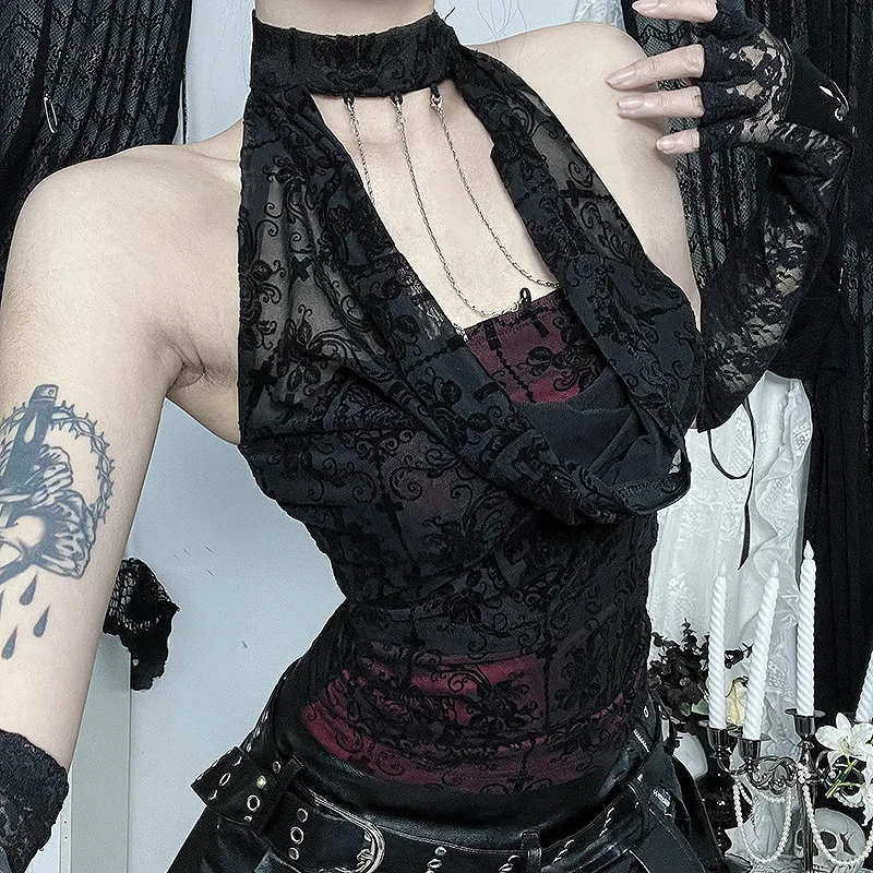 

Autumn Vintage New Flocked Collar Top Subculture Gothic Style Slim Sexy Hot Girl Halterneck Vest Halloween Y2K Aesthetic Clothes