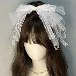 Headband de renda vintage com grande bowknot, Lolita Headwear, Fairy Headdress, Hoop para fotografar rua, branco e azul