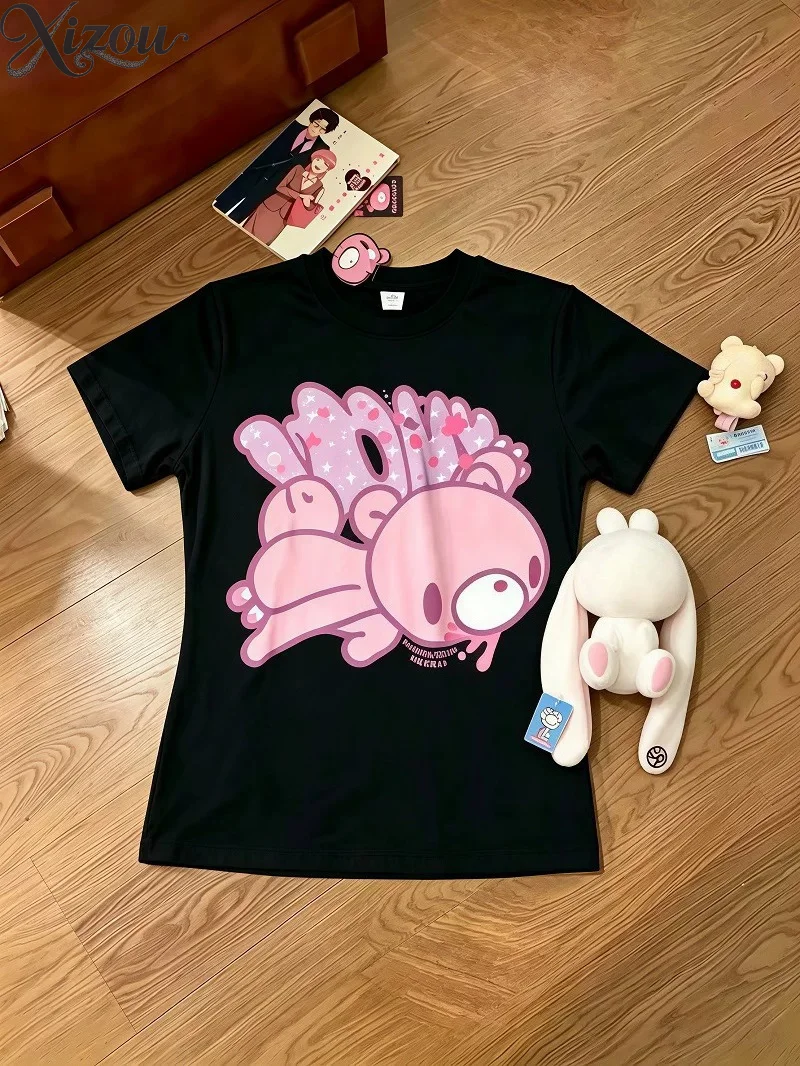 Y2K Top Kawaii Graphic Tees Black Short Sleeve Tshirt Harajuku Aesthetic Sweet Girl Tshirt Summer Casual T‑Shirt Women