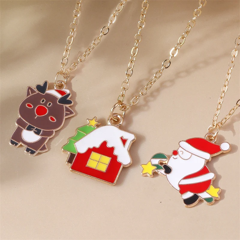 Aihua 3pcs4pcs Weihnachten Halsketten Emaille Weihnachtsbaum Glocke Santa Schneeflocke Halskette Anhänger für Frauen Geschenke Trendy Schmuck Set – Detail 25