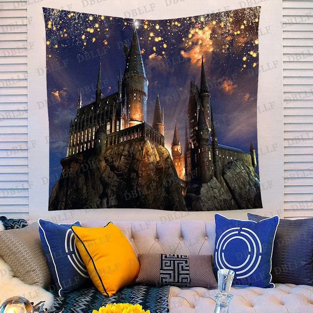 Fantasy Castle Tapestry Gothic Style Ancient Castle Lights Forest Magic Night Scenic Wall Hanging