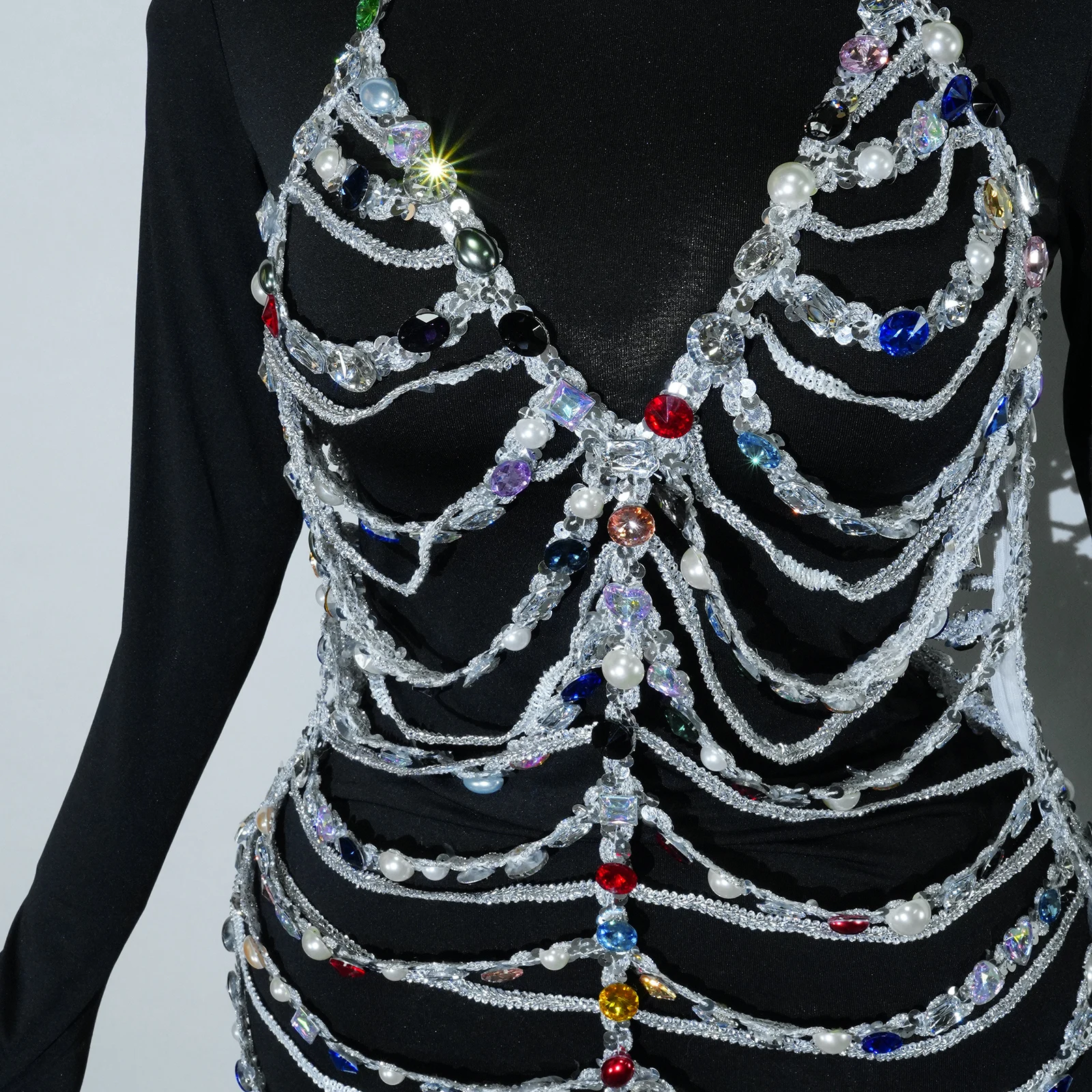 Sexy policromado corrente cristais oco vestido de festa moda clube modelo vestidos festa cantor palco ds dj dança roupas drag queen