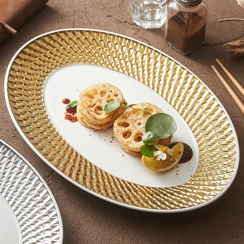 

Позолоченная рельефная рыбная тарелка с элитным ощущением, посуда для отеля, серебряная и разноцветная керамическая тарелка, тарелка для домашней кулинарии