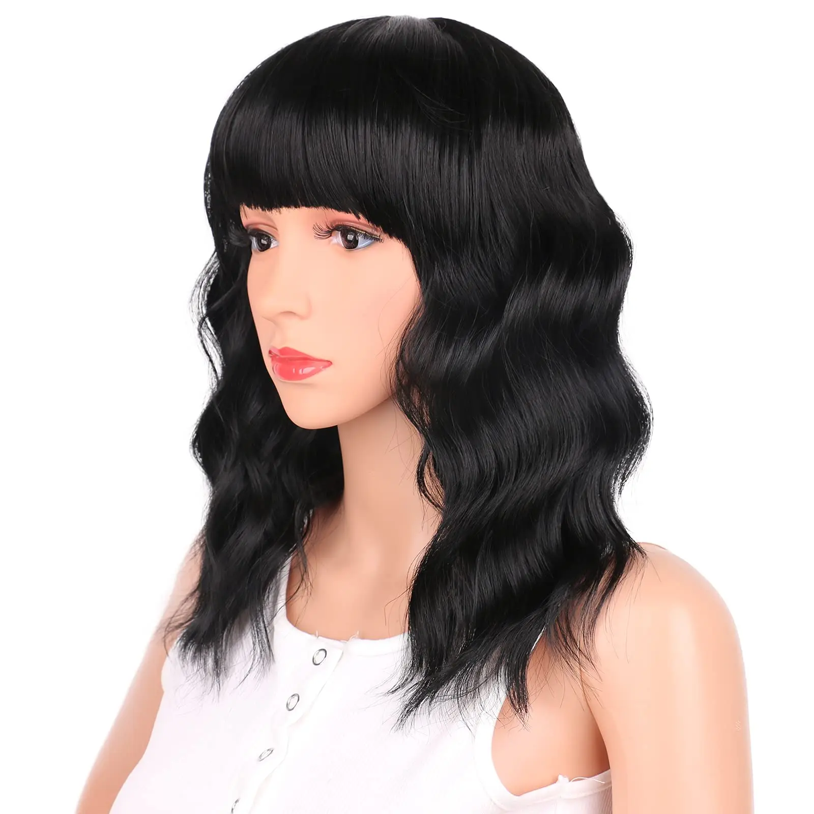

Black Short Curly Wigs with Bangs for Women 14 Inches Wavy Bob Wig Synthetic Heat Resistant Fiber Wigs