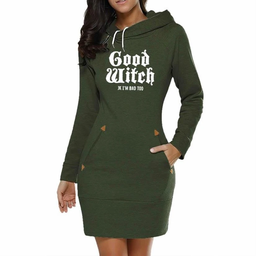 Vestido con capucha para mujer, ropa larga con estampado de letras de buena bruja, Sudadera con capucha para chica, Top de otoño