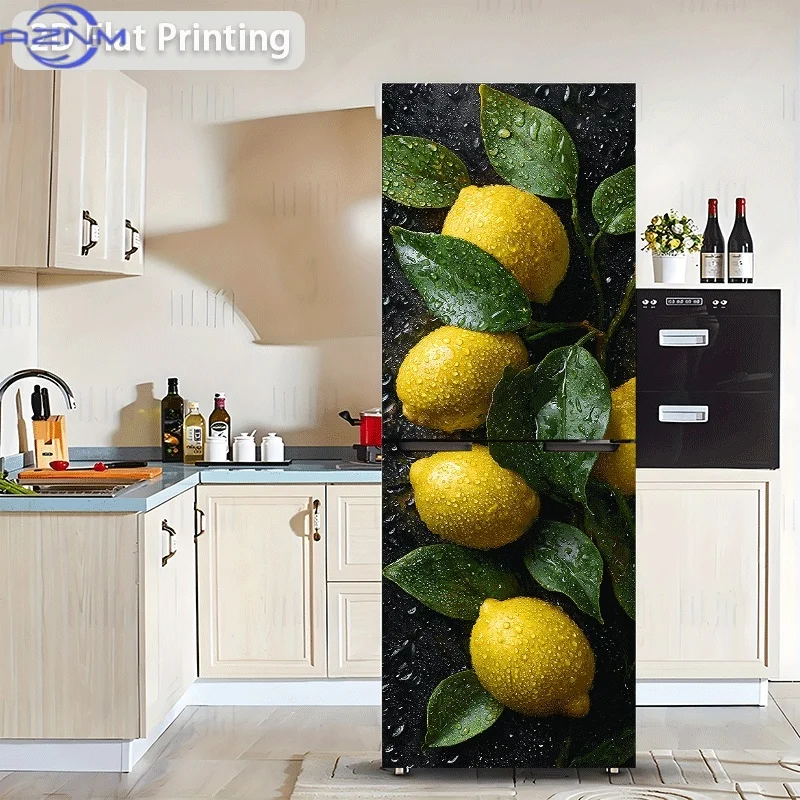 Refrigerator Sticker 60x180cm Lemon with Water Droplets and Green Leaves Themed Scene Wall Decal Self-Adhesive Wallpaper Suita