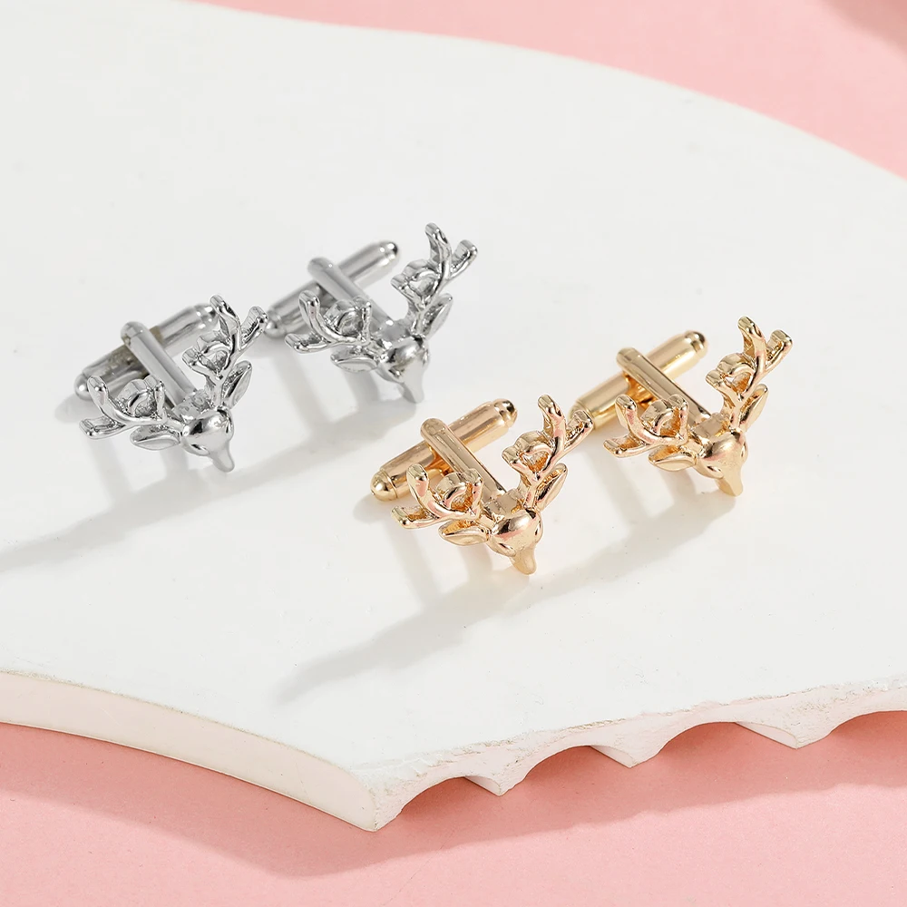 2Pcs Winter Elk Deer Head Shaped Cufflinks Golden Silvery Colors Reindeer Sleeve Button Merry Christmas Xmas Jewelry