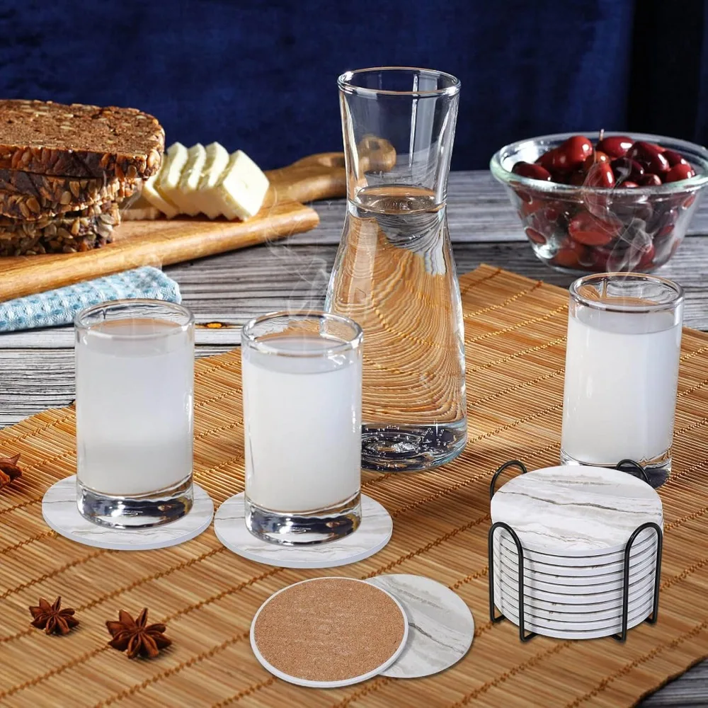 Marble Ceramic Coasters Set of 6 with Holder, Absorbent & Non-Slip for Coffee Table, Home Decor, 4 Inches