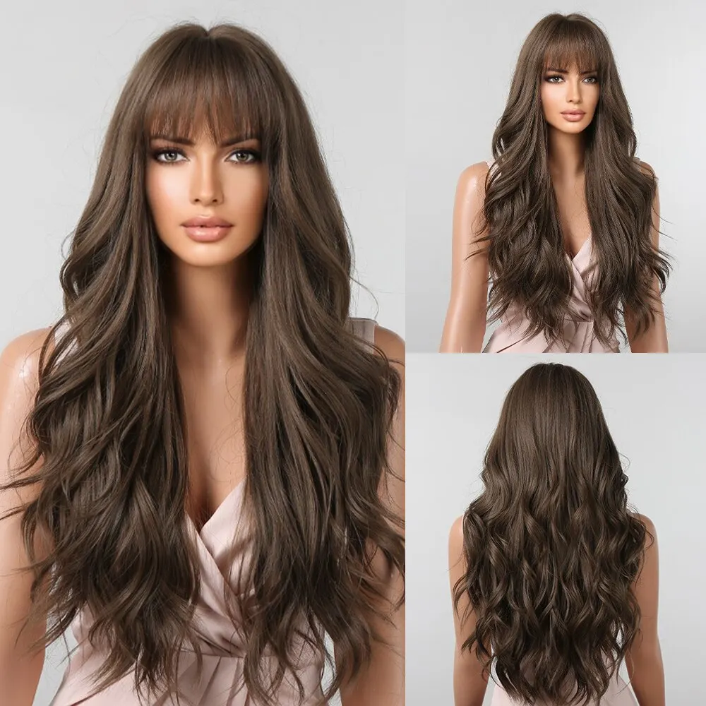 Lange braune synthetische Haar perücken mit blonder Highlight perücke mit Pony für Frauen natürliche gewellte Perücke hitze beständige Cosplay Perücke
