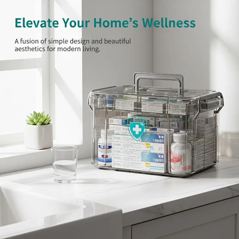 Rectangular Lid Waterproof Medicine Organizer Transparent Portable First Aid Storage Box for School Office Family Use