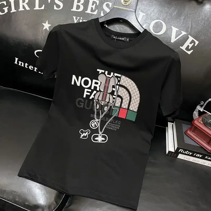 Kaos Pria Lengan Pendek Kerah Bulat Motif Huruf Trend Musim Panas 2025 Gaya Eropa, Atasan Pria Fashion Kelas Atas