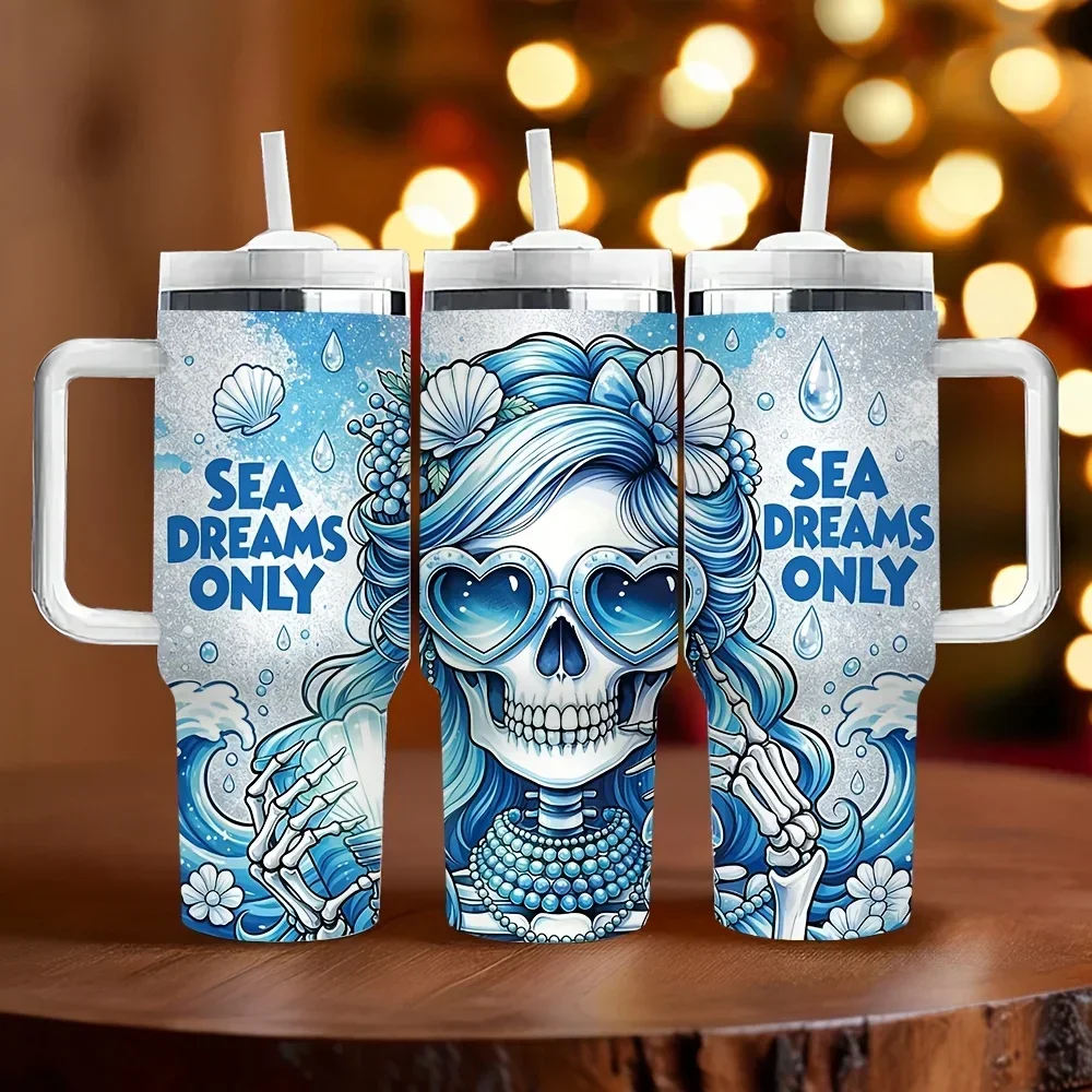 40oz Long Lasting Insulated Tumbler with Handle, Sea Dreams Only Blue Ocean Skeleton Print, Ideal Holiday Birthday Gift for Ocean Lovers, Suitable for Daily Use Travel And Outdoor Activities
