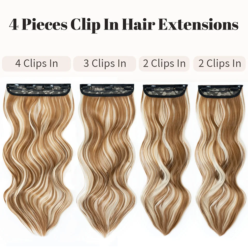 Set de 4 piezas clip extensiones con reflejos ondulados rizados largos sintéticos para mujeres 22 pulgadas 180g 3