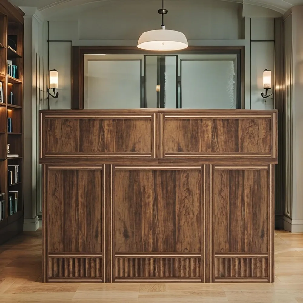 57 مكتب استقبال مع عداد، مكتب أمامي حديث بإطار معدني، عداد خروج خشبي للبيع بالتجزئة للمكتب والاستقبال