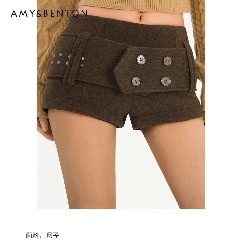 Winter Thickened Design Waist-Cinching Women's Pants Retro Coffee Color Double-Breasted Unique Fashion Slimming Shorts Ladies