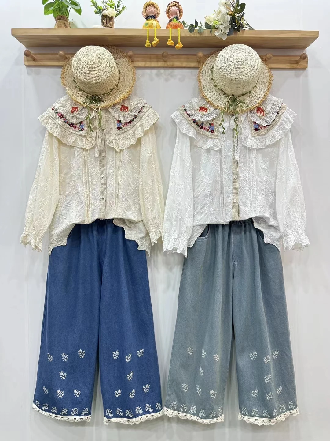 

High Waist Wide Leg Jeans Embroidered Lace Hem Patchwork Nine Points Casual Loose Fit Denim Pants for plus Size Women