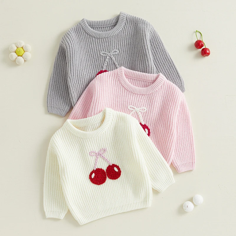 Baby Sweaters Spring Autumn Casual Long Sleeve Cherry Embroidery Knit Sweater Baby Toddler Girl Kids Pullover Sweaters Clothes