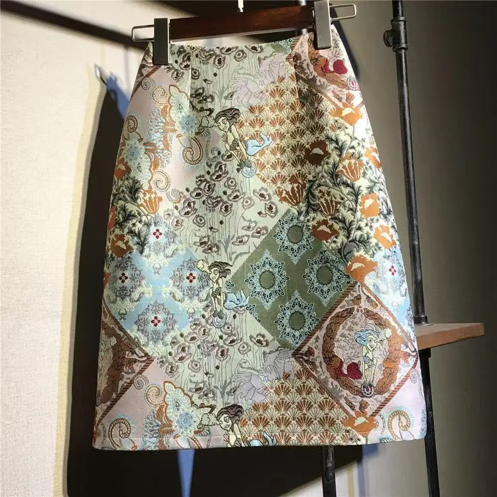 

RAIN YAN LIN Summer New Fashion Retro Embroidery Half Skirt Women Temperament High Waist Casual A-Line Office Lady Skirts