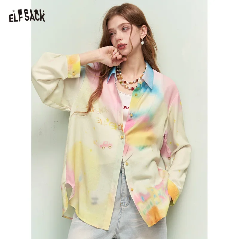 ELFSACK Women's Artistic Allover Print Long Sleeve Shirt Linen-Like Texture Casual Blouse