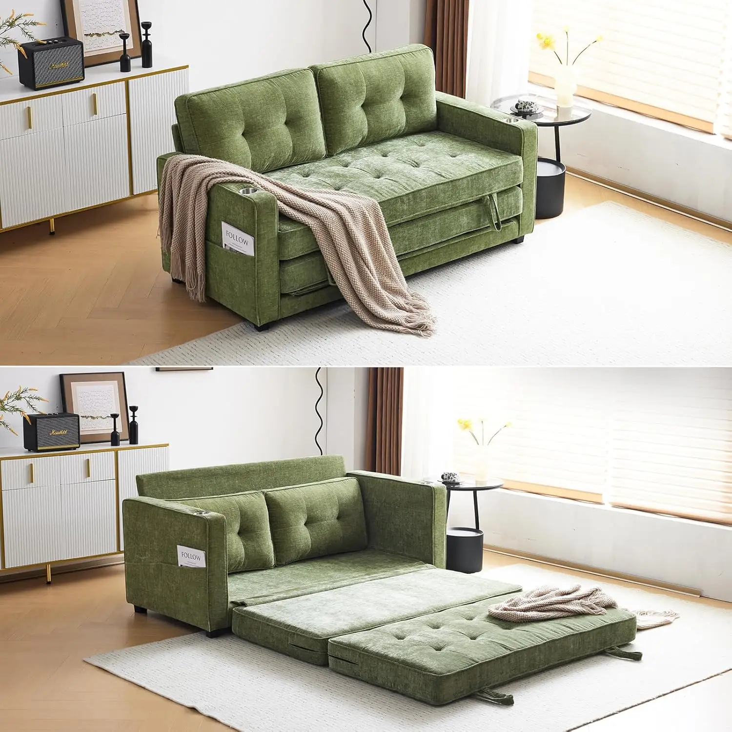 Sofa Bed Full Size Pull Out Couch Bed Olive Green Futon Couch Loveseat Sleeper Floor Couches for Living Room Convertible