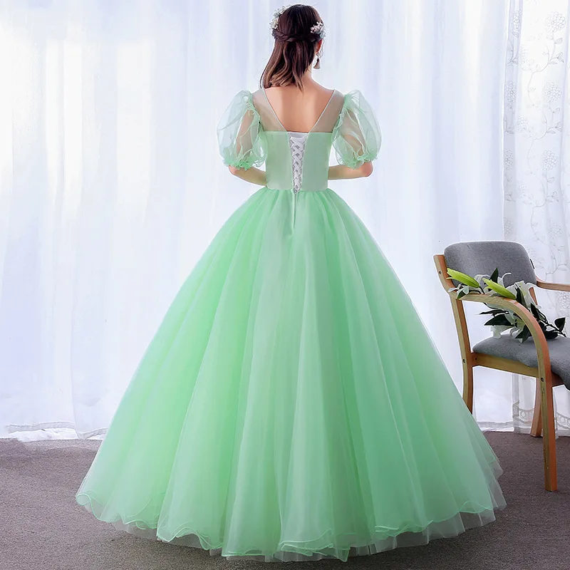 Vestidos De Quinceañera verde menta, manga corta hinchada, 15 Vestidos dulces, apliques De cuentas De flores, Vestidos De baile De Quinceañera