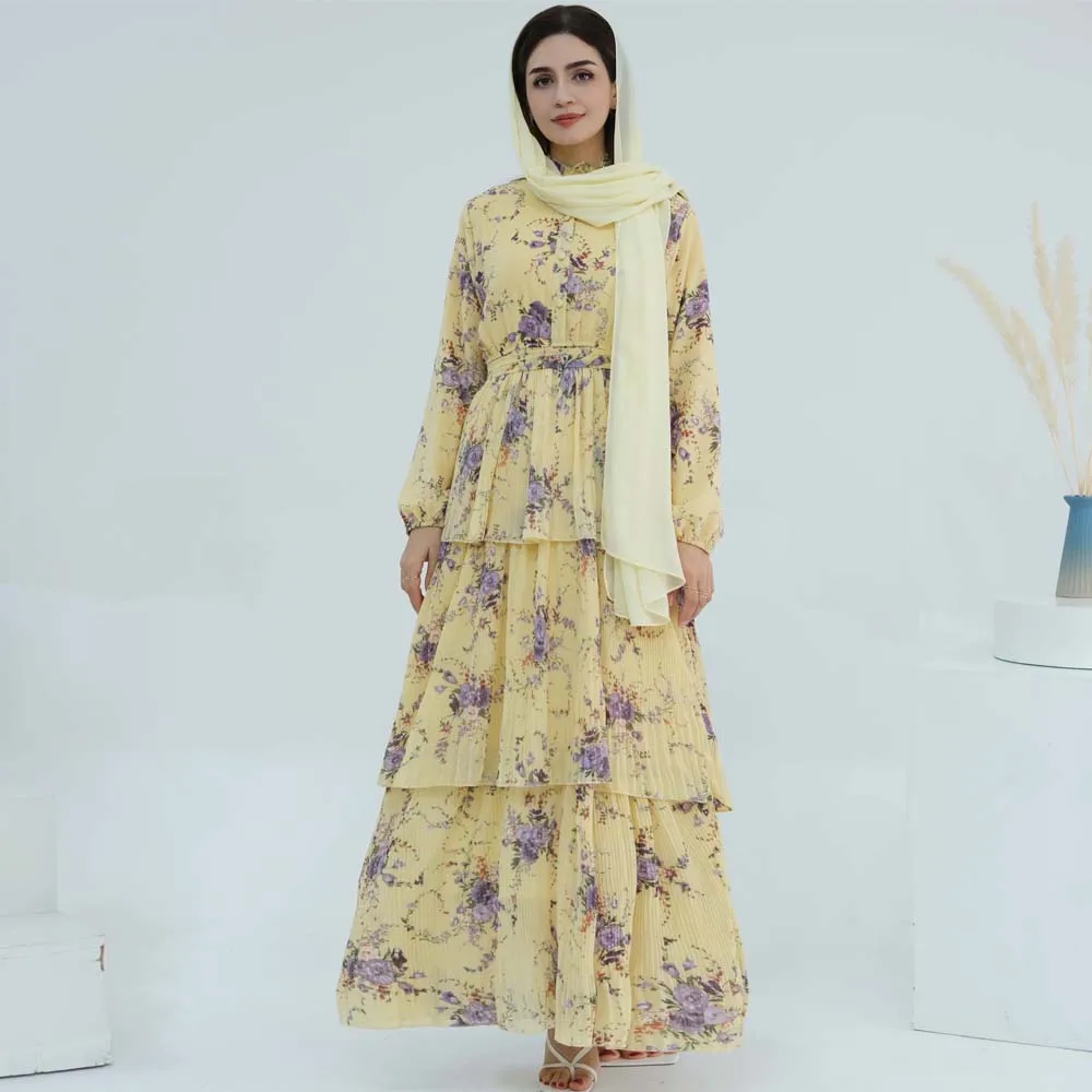

Summer Sweet Muslim Long Chiffon Dress for Women, Ruffles Collar Tiered Pleats Skirt Long Sleeves Dubai Hijabi Islamic Robe