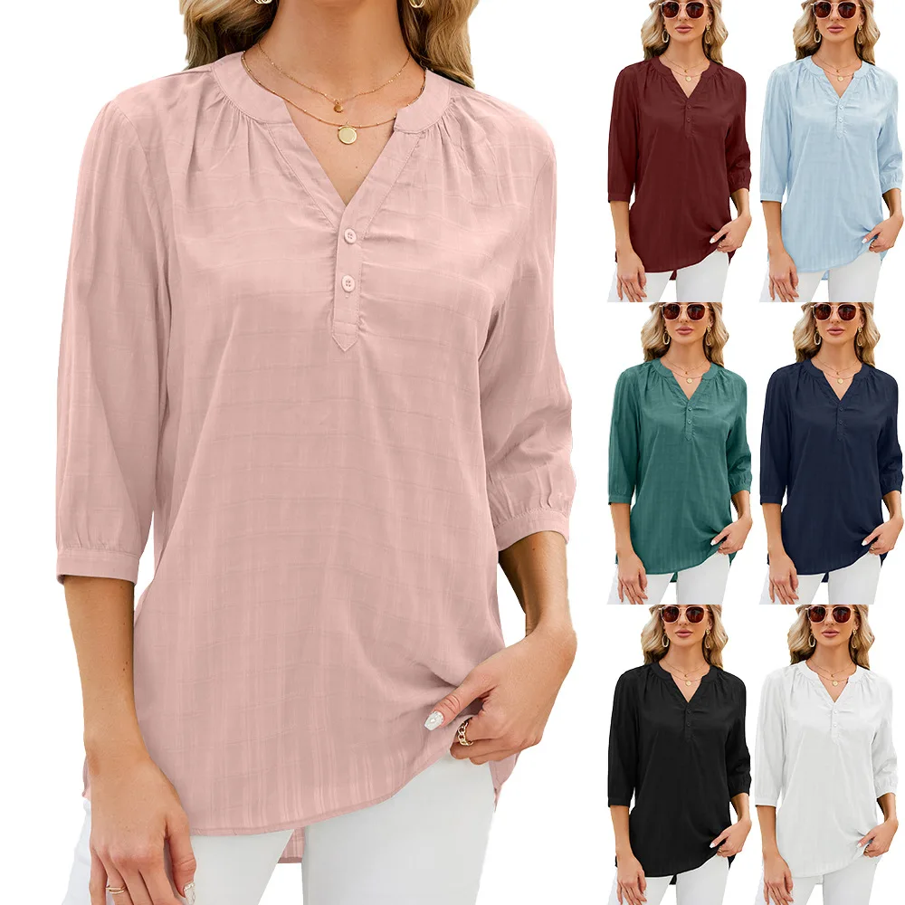 

Women's Casual V-Neck Loose Five-Quarter Sleeve Top, Monochromatic