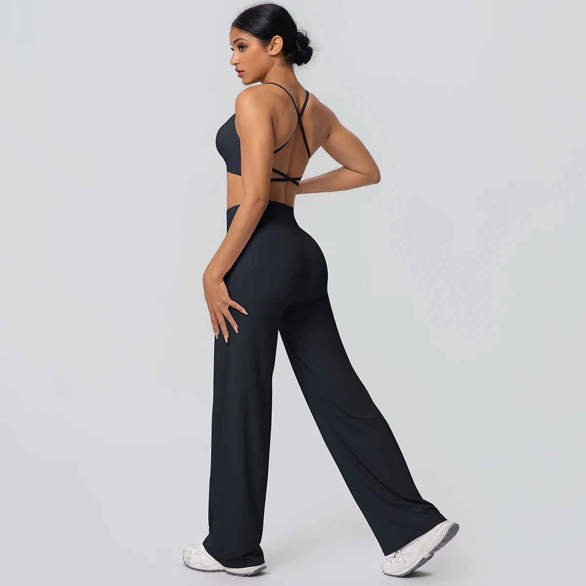 Frauen Gym Sport Yoga Anzug Sexy Schöne Zurück Yoga Unterwäsche Mit Brust Pad Einfarbig Hohe Taille Breite Bein Hosen Yoga Set – Detail 18
