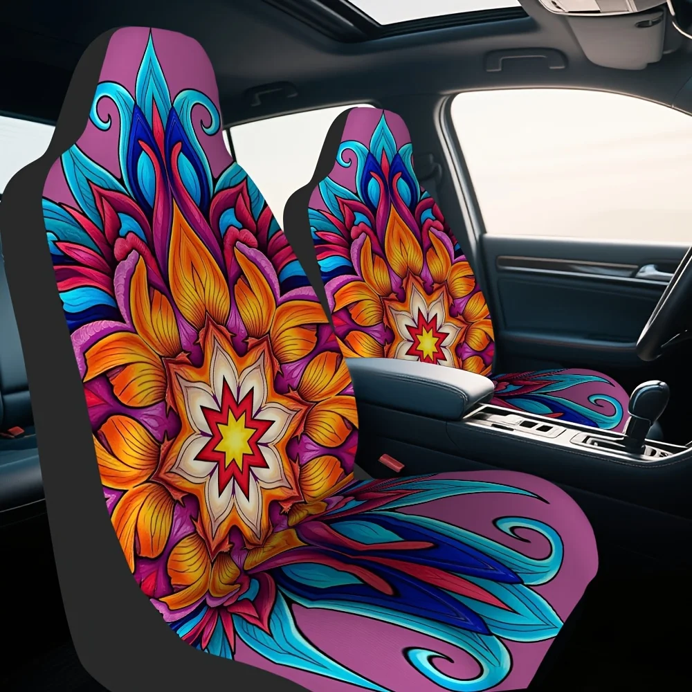 2pcs Fit Car Seat Covers Compatible For Sedan/SUV Front Seats, Mandala Flower Symmetrical Ornament Design, Soft Cushioning, Mach