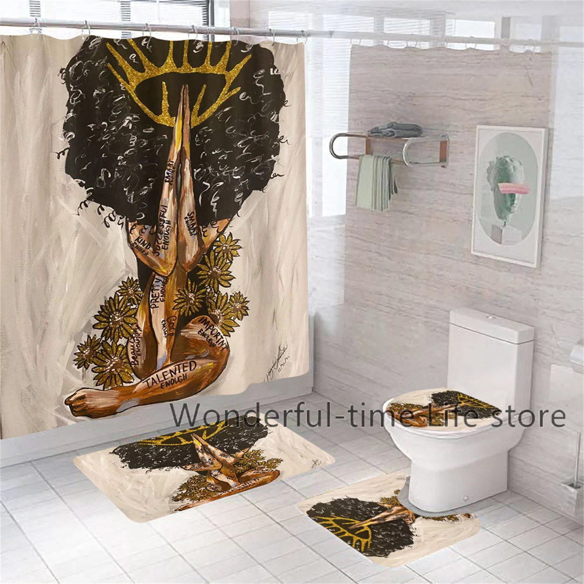 African American Women With Crown Durable Shower Curtain Waterproof Unicorn Girl Curtain Soft Anti-Slip Bath Rugs Toilet Cover