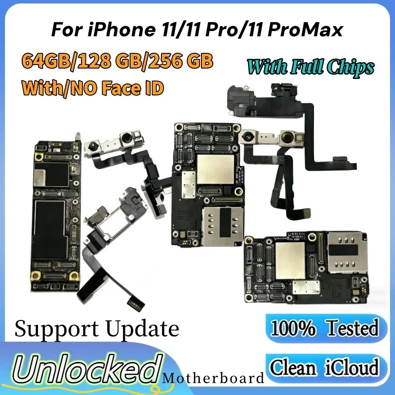 Fully Tested For iPhone 11 Pro Max Motherboard Unlocked Clean ICloud For 11Pro With/NO Face ID Mainboard IOS Update Logic Board