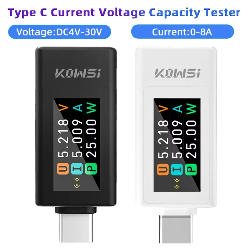 Type C Current Voltage Capacity Tester 4-30V 0-8A DC Voltage Ammeter Power Meter Cell Phone Charging Tester Battery Test