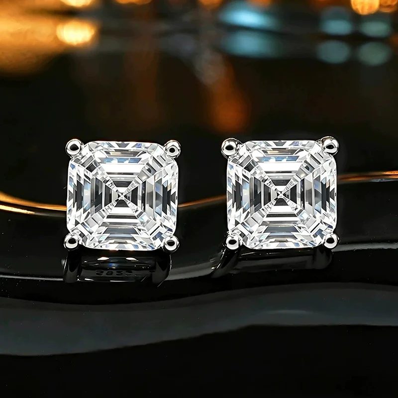 2ct Cold Light Ascher Zircon Earrings Four Claws Extremely Simple Square Sugar Ear Stud Commuter High Carbon Earrings for Women