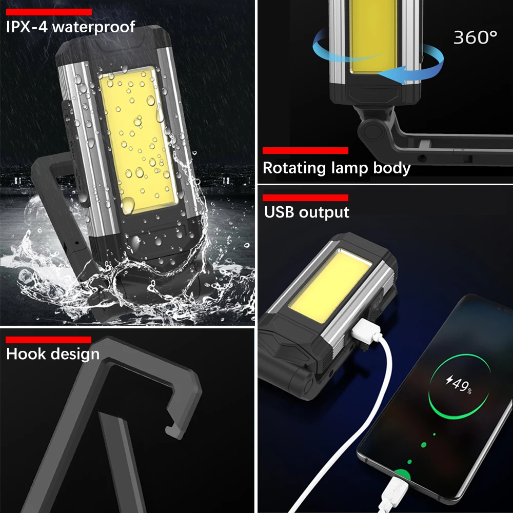 Linterna de trabajo COB recargable por USB, lámpara LED, súper brillante, portátil, de acampada, con luz trasera magnética, impermeable y ajustable