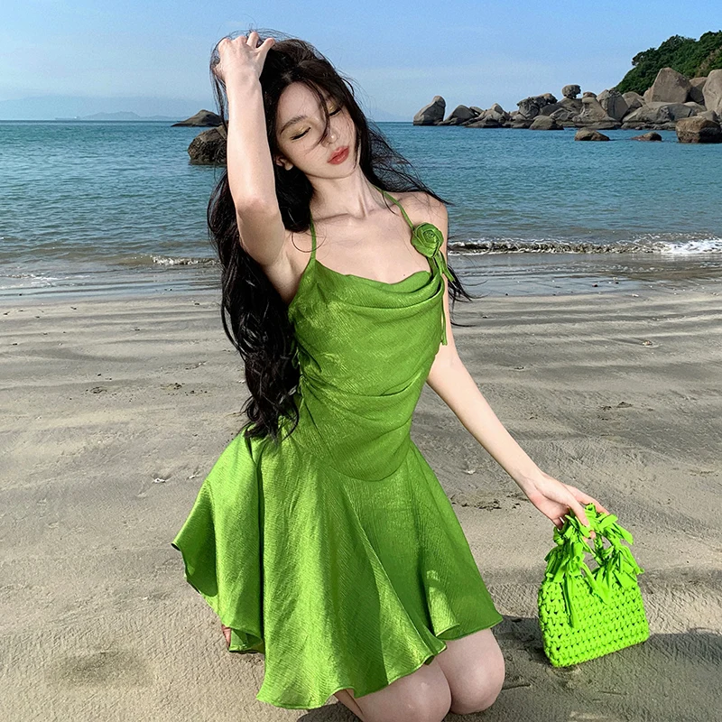 Unique and Beautiful Halter Neck Chic Pretty Strap Dress Women with Draped Slimming Ruched Design Vacation Beachwear