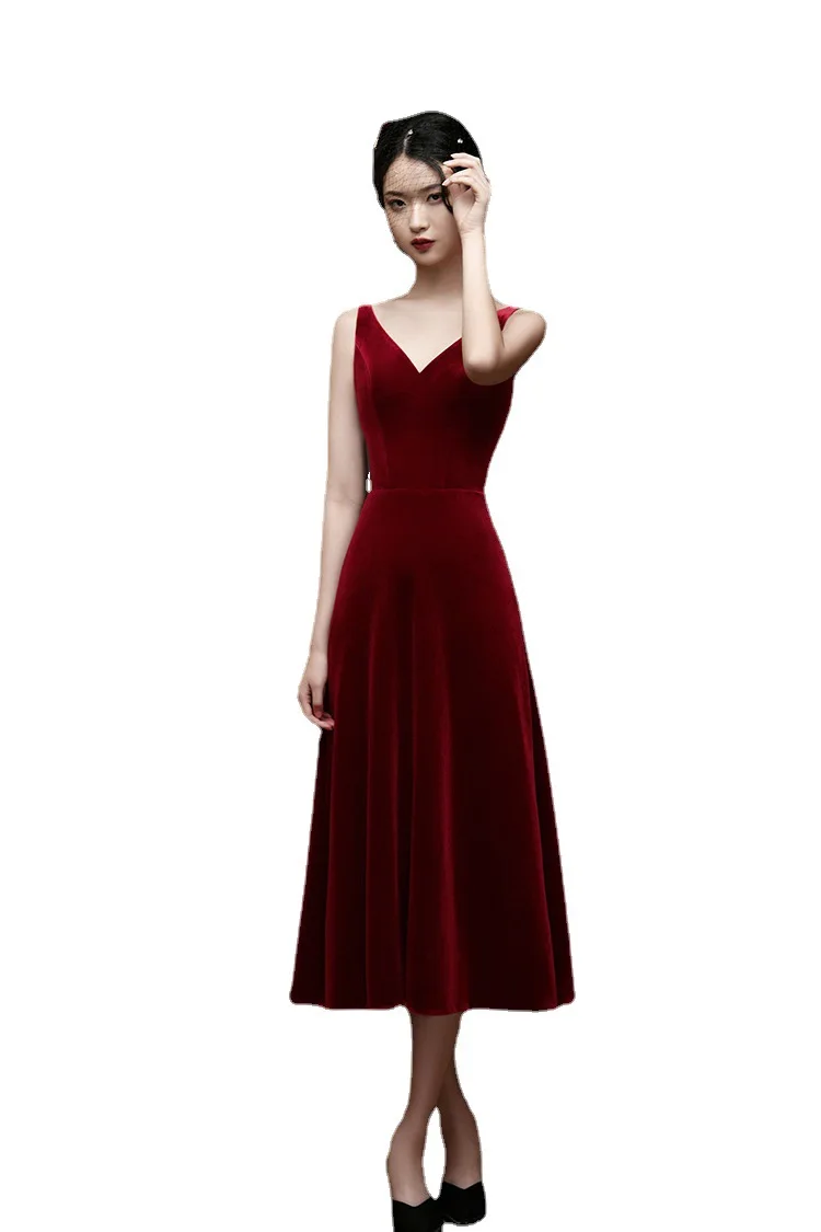 French Style Vintage Wine Red Evening Dress Women V-Neck Backless Pearl Decoration Homecoming Dresses Elegant Simple Prom Gown